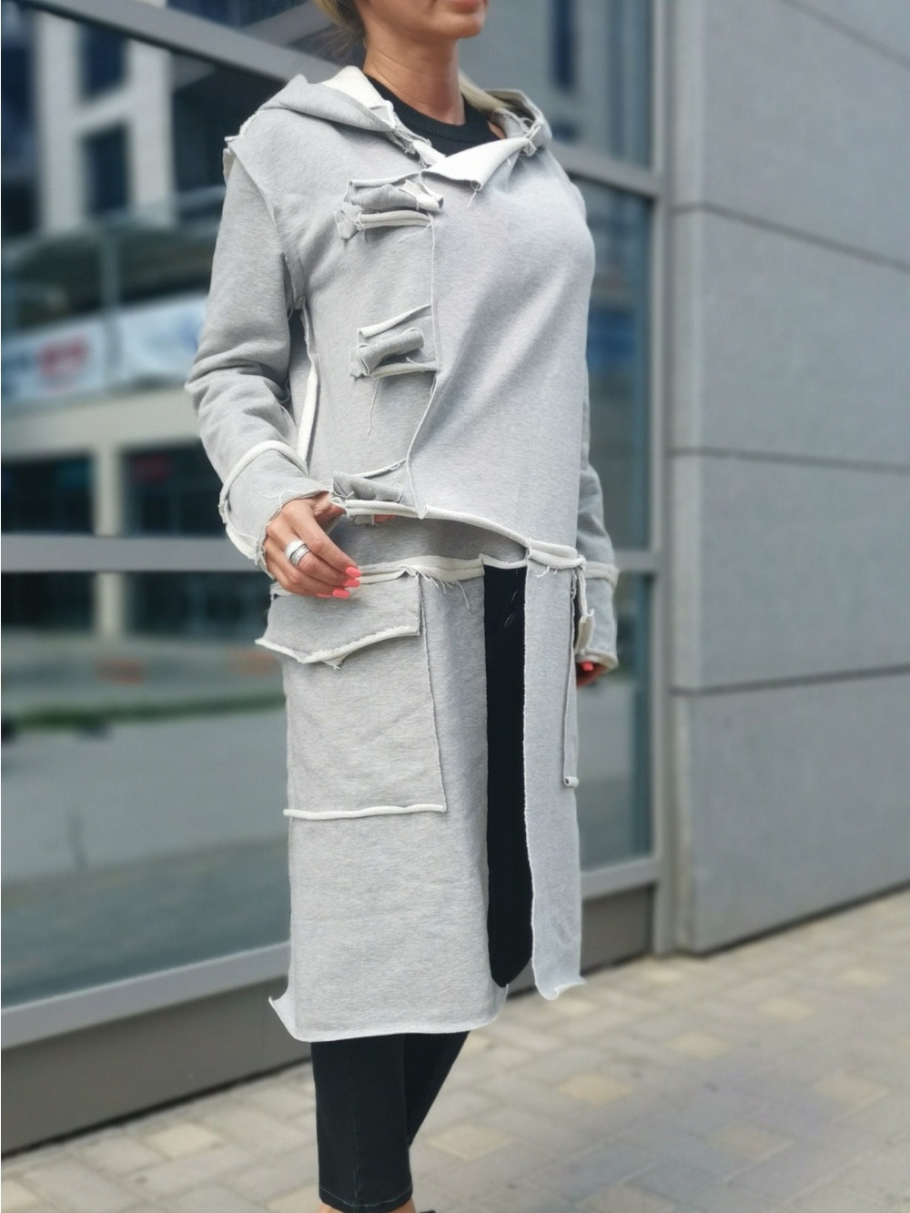 Light Gray Hooded Trench Coatigan with Contrast Seams